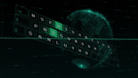 animazione di grafici, modello in movimento sulla tastiera, numeri mutevoli e globo su sfondo nero