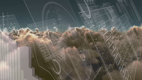 animación de la interfaz con procesamiento de datos contra nubes en el cielo.