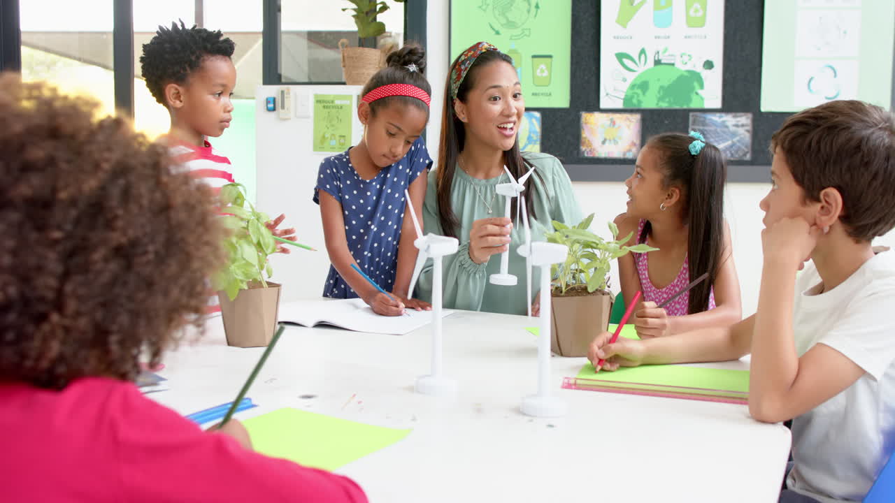 In school, teacher explaining wind turbines to students in classroom with plants