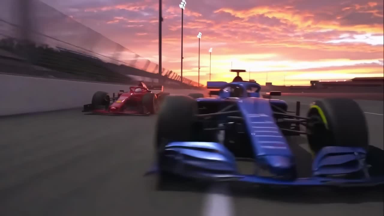 Dynamisk videoopptak av to racerbiler ved solnedgang, fanget fra lav vinkel på banen.