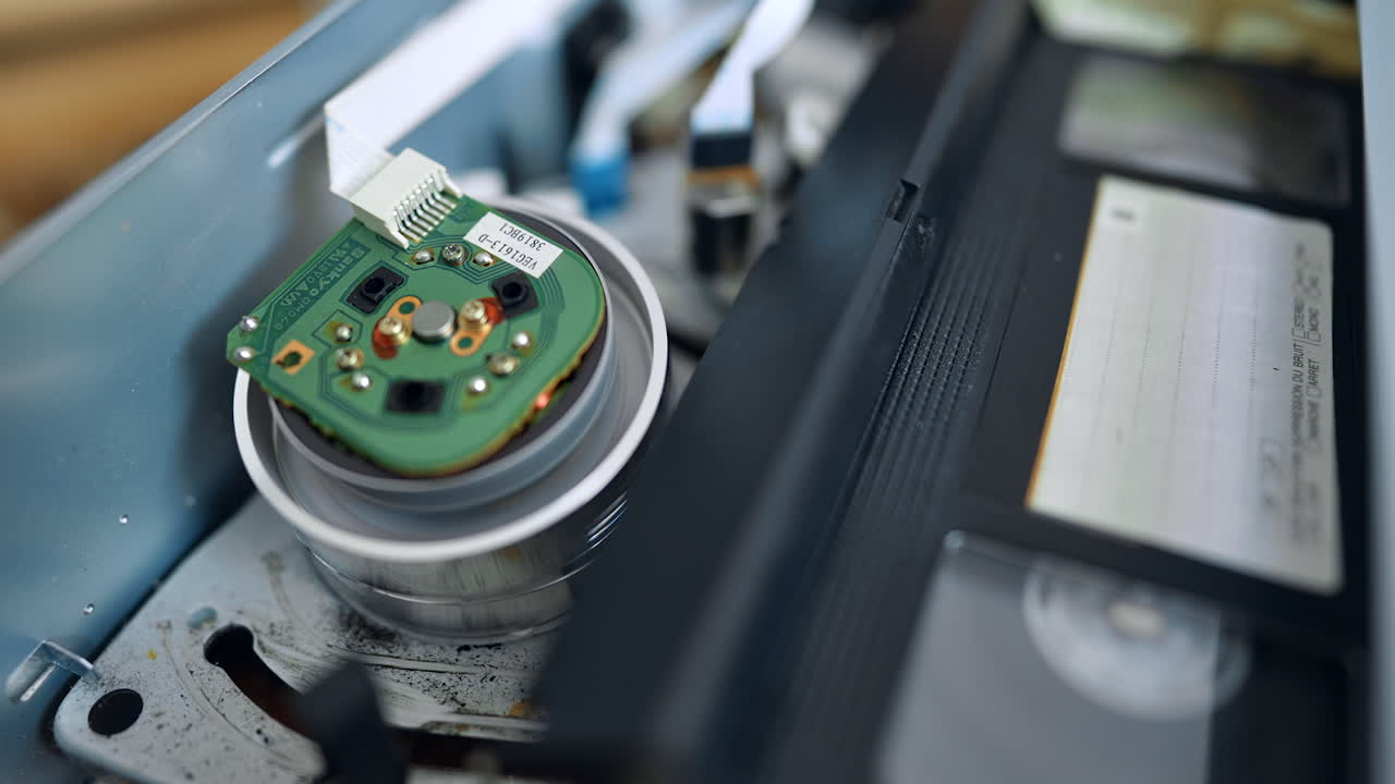 Reels starts rotating quickly as tape touches it. Exploring the work of the VHS player. Close up