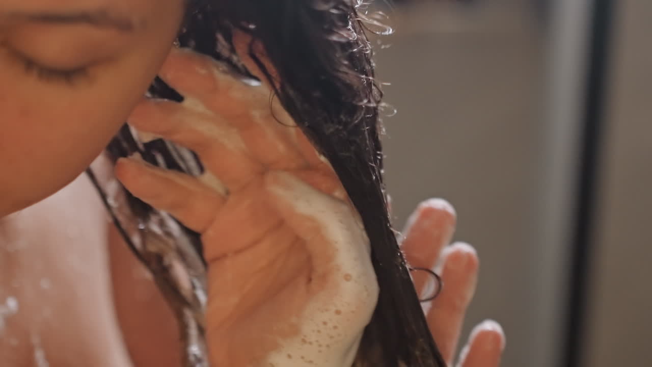 Donna che si lava delicatamente i capelli. Donna che massaggia metodicamente lo shampoo sui capelli in un ambiente da bagno. Donna che insapona meticolosamente lo shampoo sui capelli mentre è in piedi al lavandino del bagno dell'hotel.