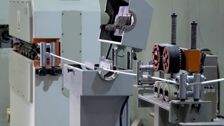 Production of copper wire, bronze cable in reels at factory. Equipment for the production of electric cable