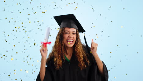 Happy-woman,-graduation-and-dancing-with-confetti