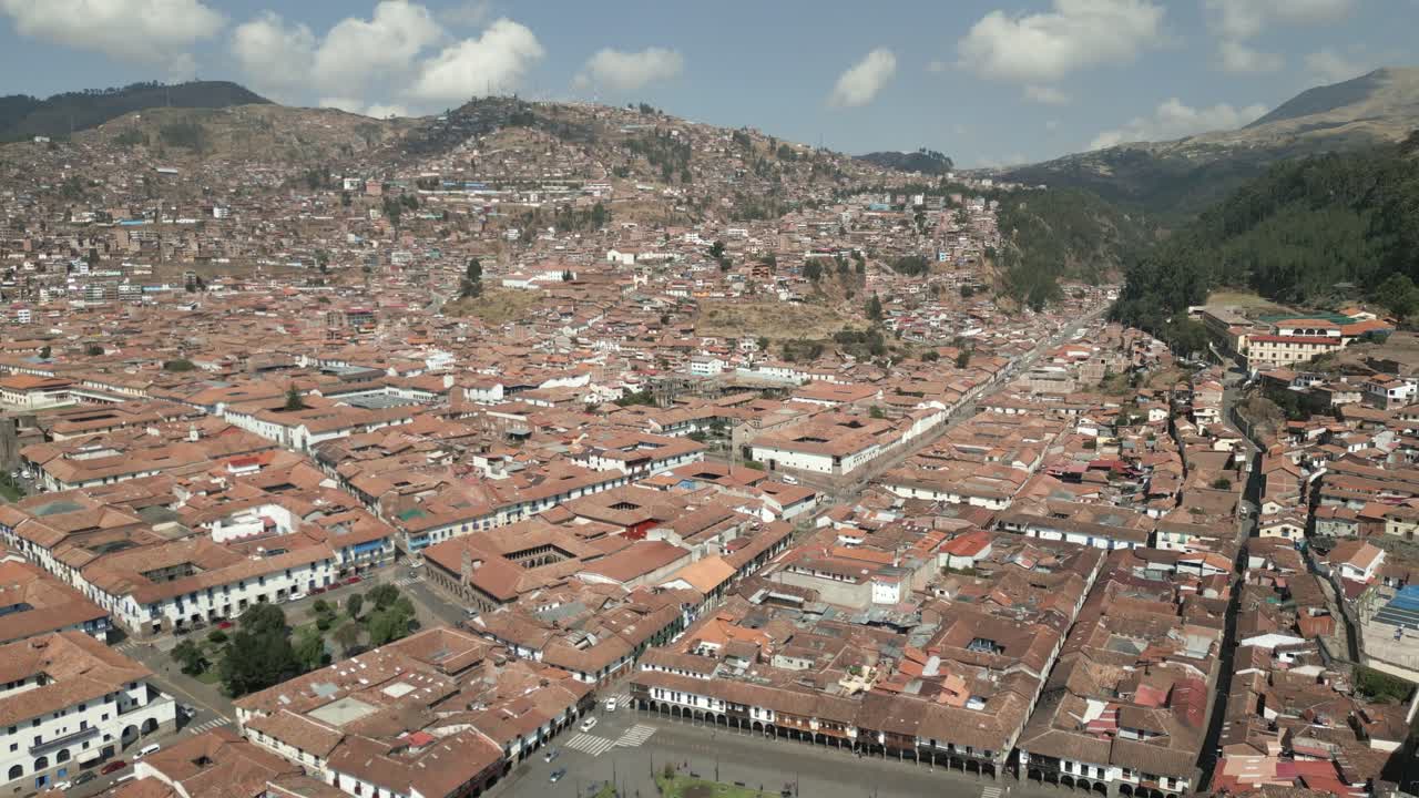 Wide revealing aerial shot of Cusco, Peru during a bright sunny day