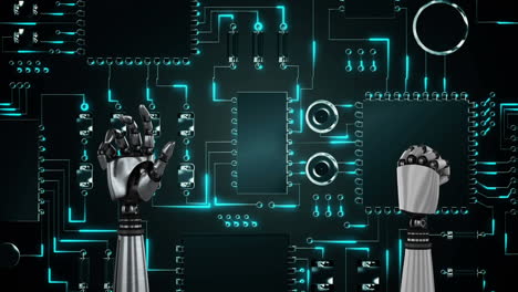 el robot le da la mano a la placa de circuitos de la computadora que brilla