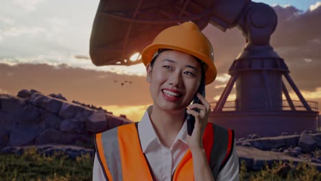 close up of asian female engineer with safety helmet talking on smartphone while standing with large satellite dish