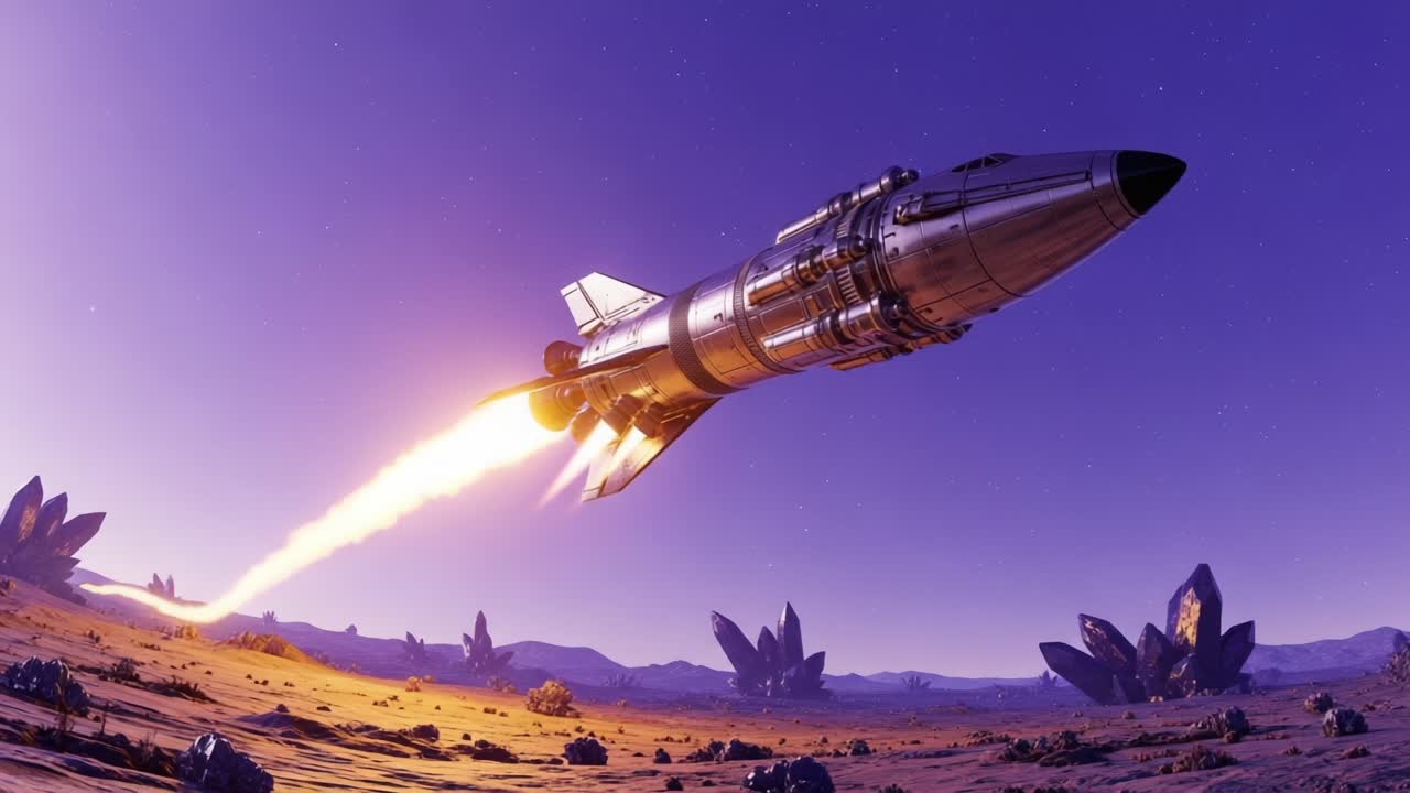 Un lancio di razzo mozzafiato dalla superficie di un pianeta esotico con cristalli brillanti che risplendono sotto un cielo crepuscolare, che mostra la potenza dell'esplorazione spaziale e dell'innovazione.