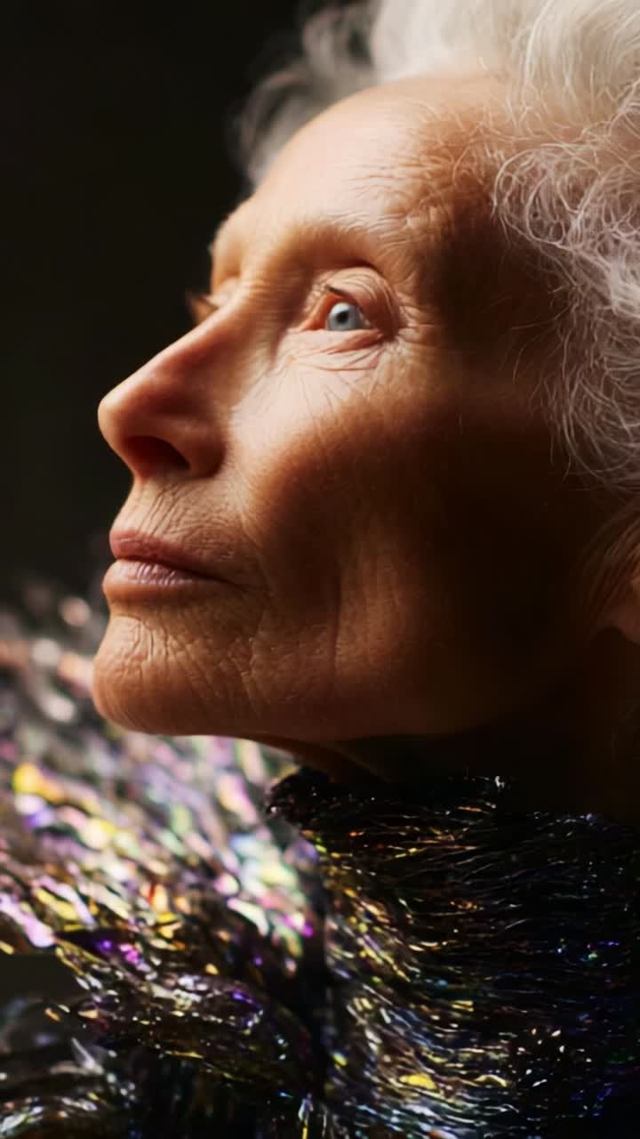A captivating profile of an elegant elderly woman, emphasizing her wisdom and grace, adorned in a shimmering multicolored garment that catches the light beautifully