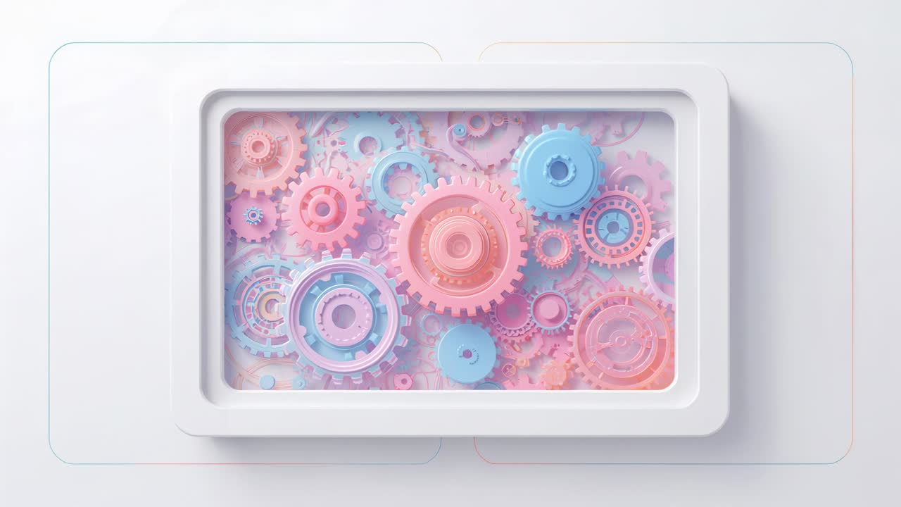 Rotating gears in white tray on play in studio, creating visual loop with faint rounded rectangles