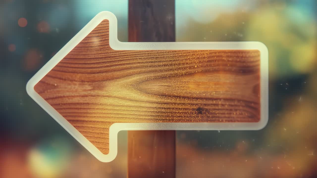 Wooden arrow sign glimmering under shifting lighting in park, with drifting bokeh particles