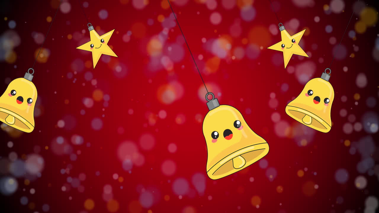 크리스마스 종과 별의 애니메이션 은 배경에 내리는 눈 위의 장식