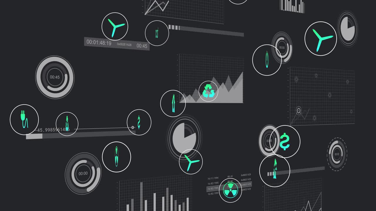 Animation of digital dashboard with eco-friendly icons and data visualizations