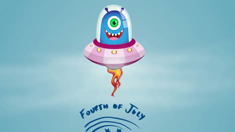 animación del texto del 4 de julio con allien sonriente sobre fondo azul