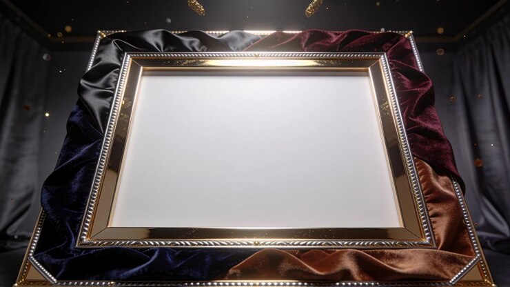Lighting overhead spotlight sweeping across stage, showing gold frame with white insert, particles