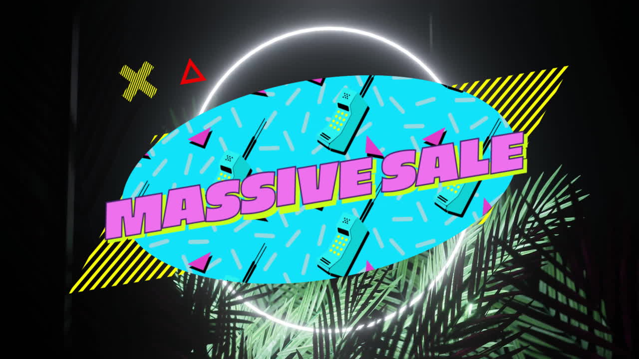 검은 바탕에 다채로운 모양과 잎 위에 거대한 판매 텍스트의 애니메이션