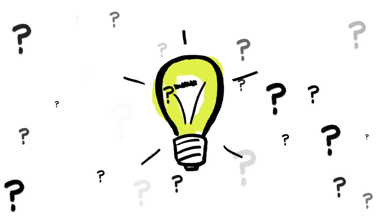 ⁇ 색 배경에 질문표 위에 있는 전구 아이콘의 애니메이션