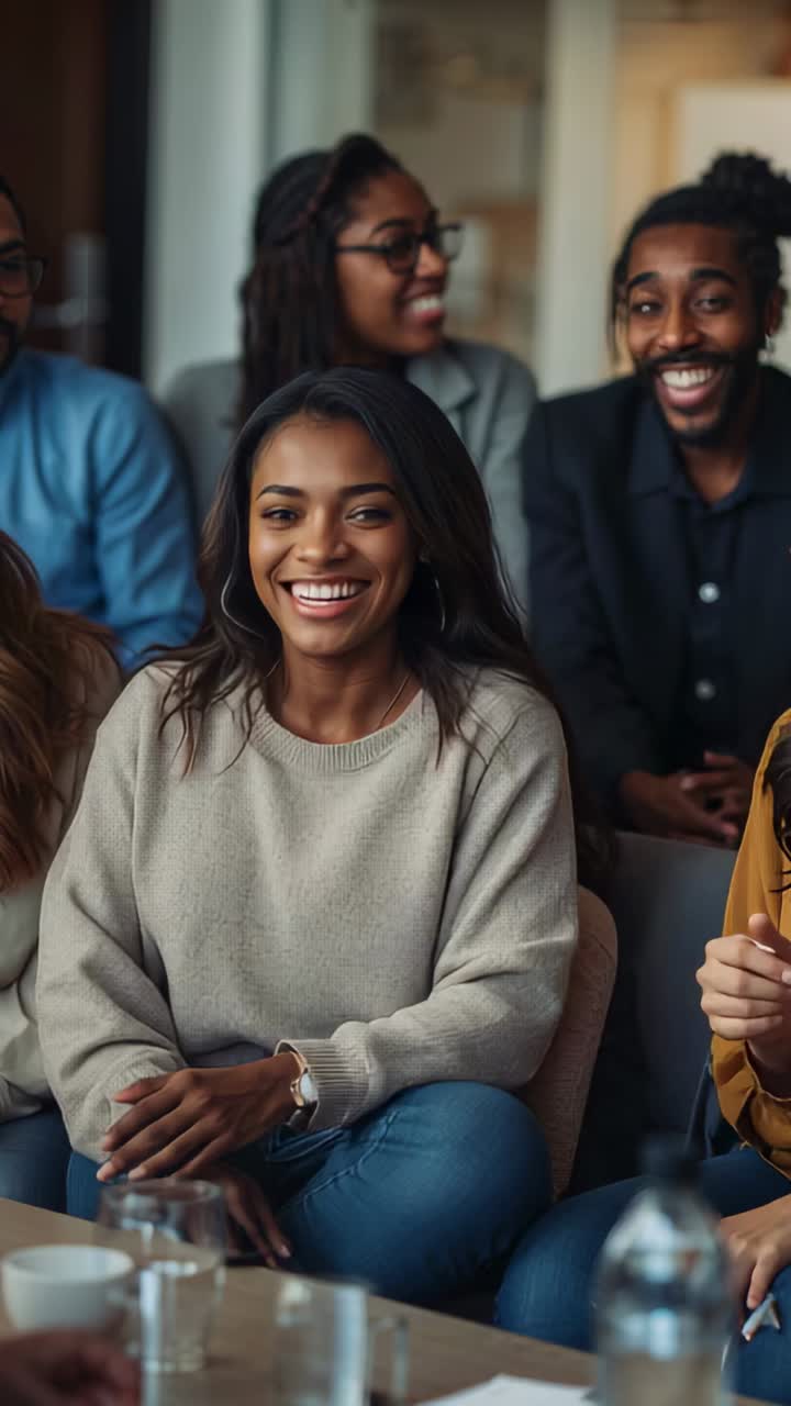 Vertical video: Turning woman in gray sweater to right speaker gesturing in lounge, preparing reply