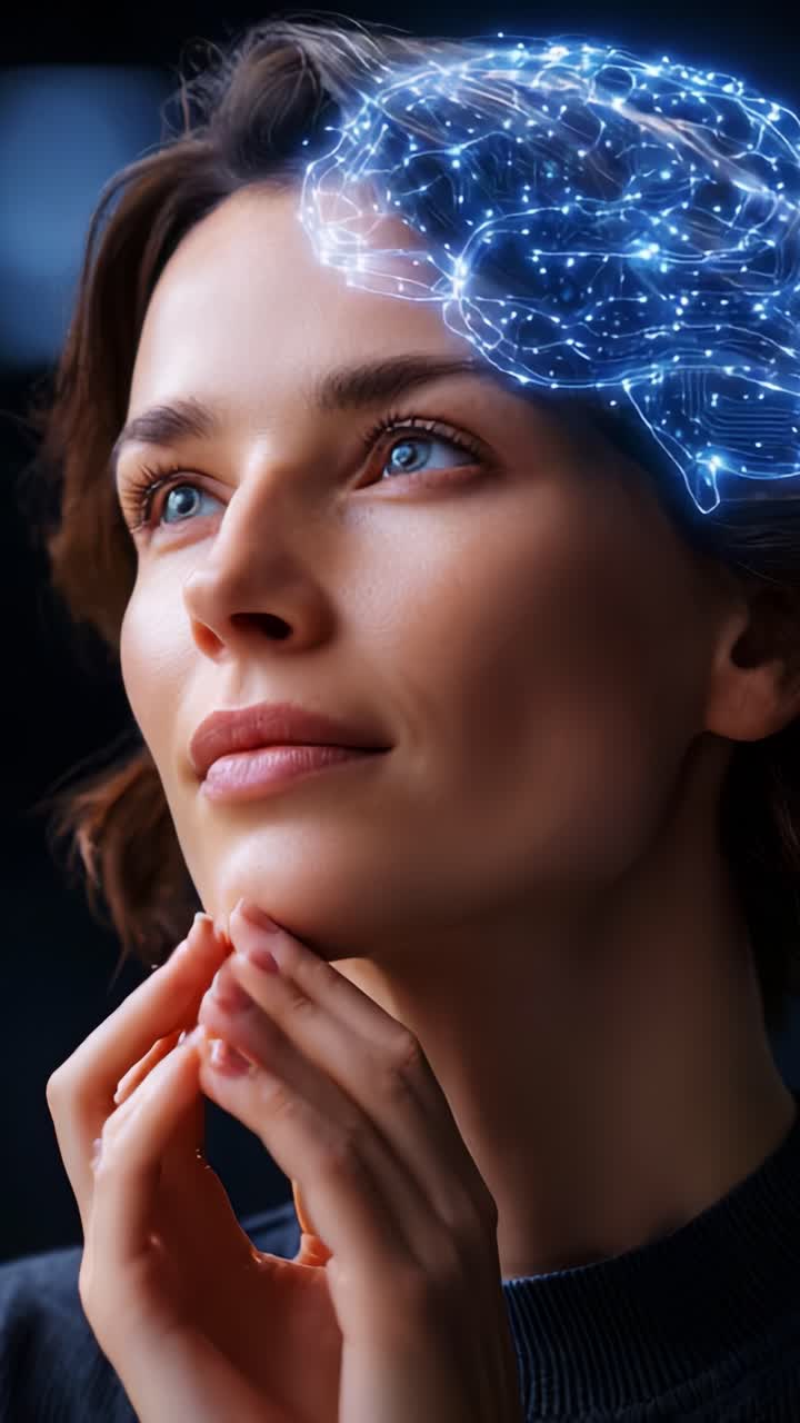 Una donna riflessiva che contempla con una rappresentazione del cervello luminoso, a simboleggiare l'intelligenza, la creatività e la potenza della mente umana