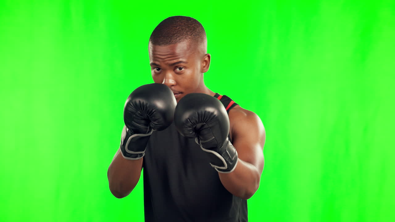 Black man, boxer and fitness for fight on green