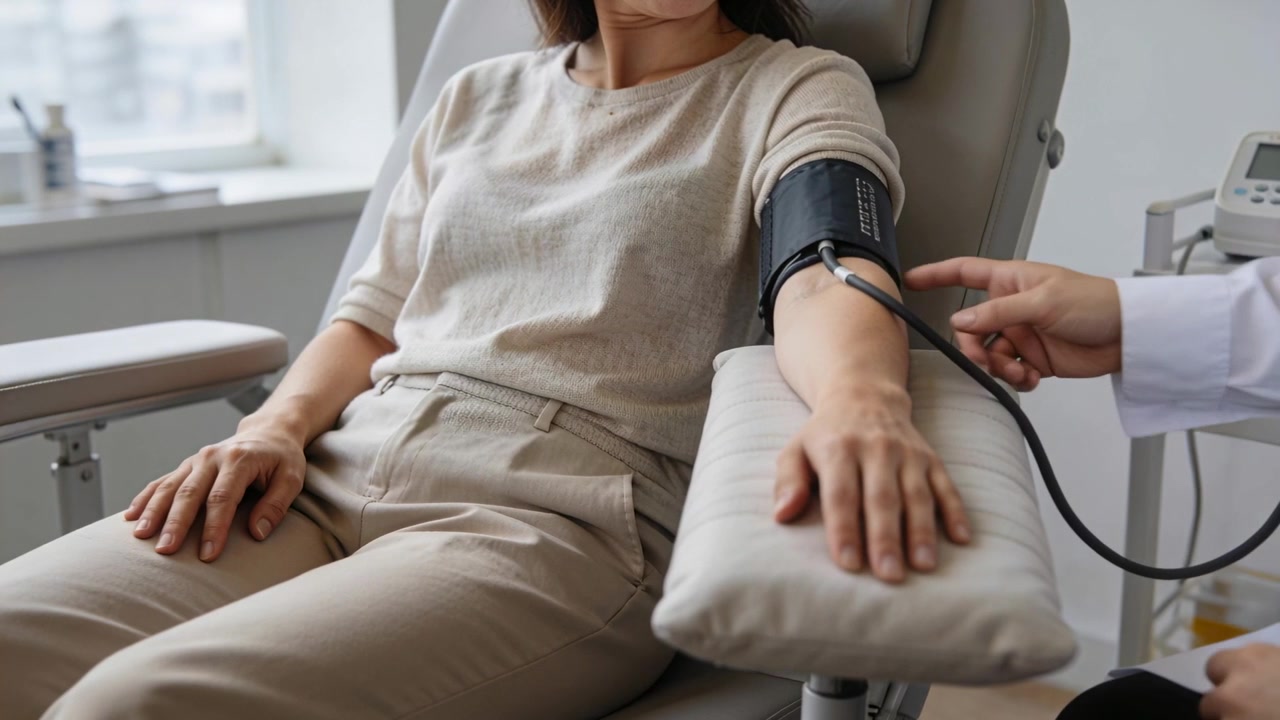 Clinico che entra e regola il bracciale e i tubi della pressione sanguigna nella sala d'esame, paziente in abito beige per i parametri vitali