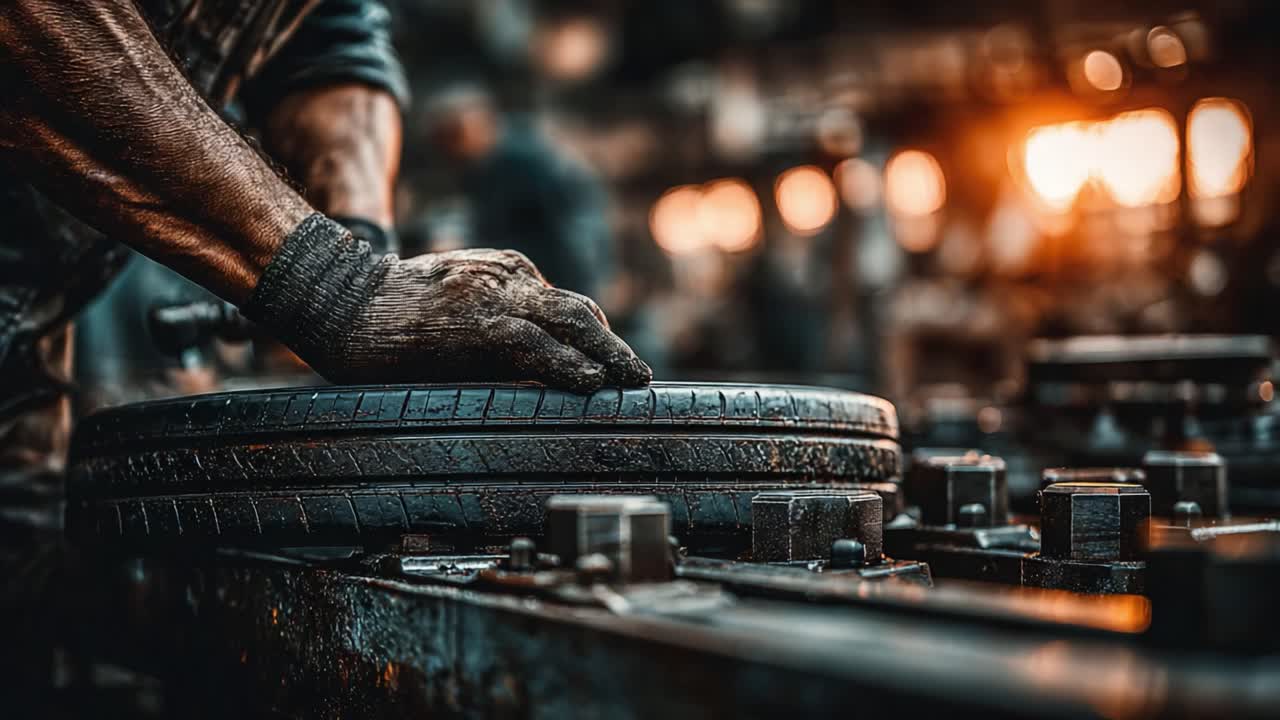 A Skilled Worker Engaged in Tire Manufacturing, Demonstrating Precision and Craftsmanship in a Rustic Workshop Setting with Natural Lighting Effects