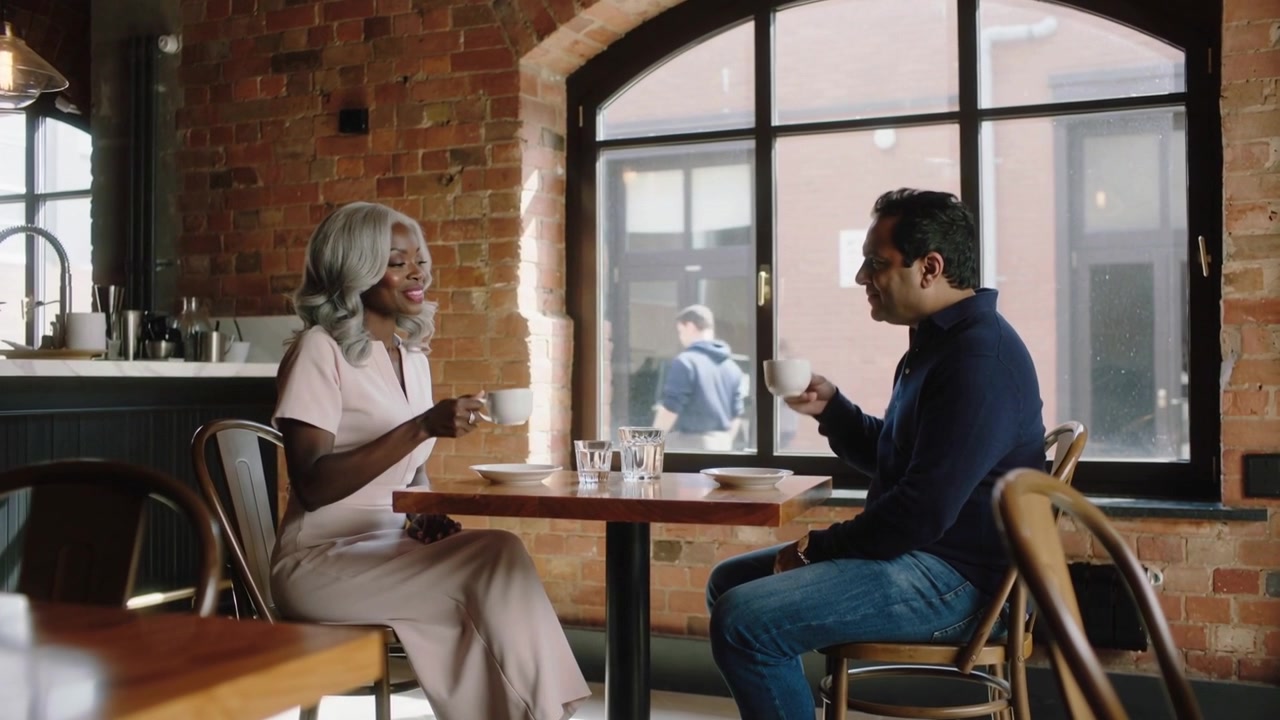 Lifting white cups on date woman blush-dress man navy-sweater sipping smiling at brick cafe window