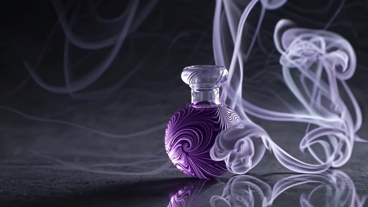 misteriosa botella de perfume púrpura con humo