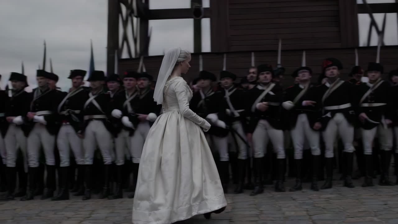 Woman in 18th Century Dress Facing Military