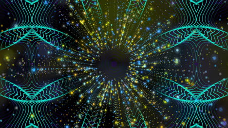 animation of colorful abstract pattern with radiating lines and dots in tunnel