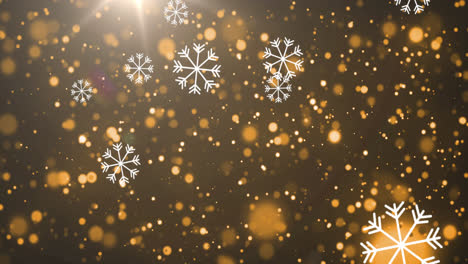 animación de copos de nieve y luces doradas cayendo sobre un fondo marrón