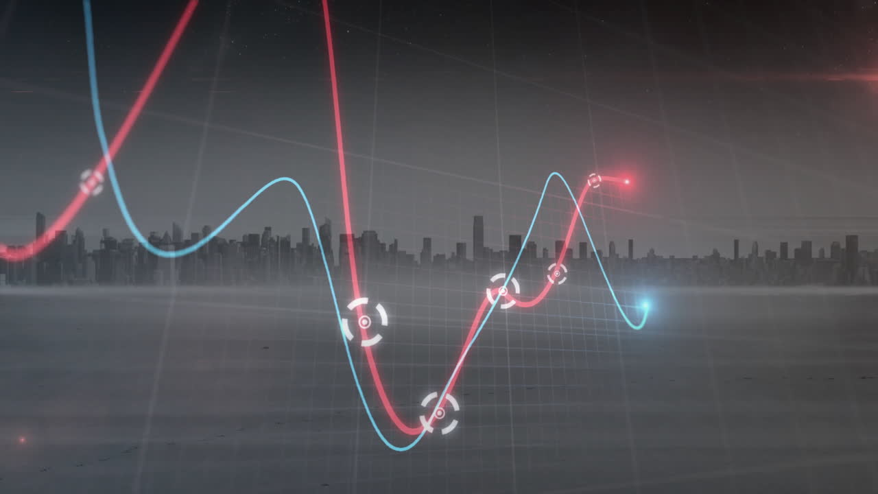 푸른 회색 도시 풍경 위의 분홍색과 빨간색 그래프 처리 데이터의 애니메이션