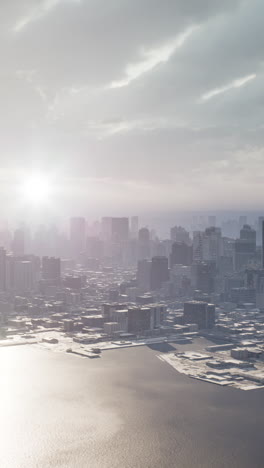 aerial view of a city skyline at sunset