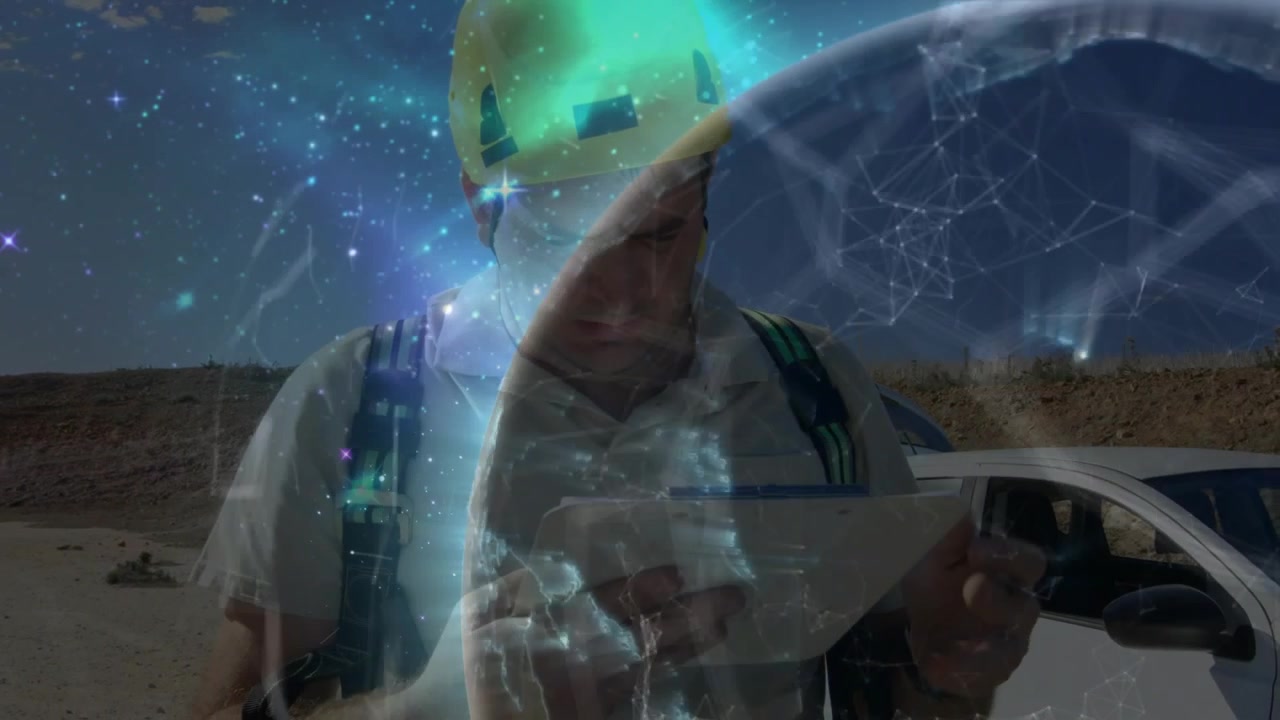 Ingeniero Trabajando en Obra con Concepto de Tecnología Global y Energía Renovable.