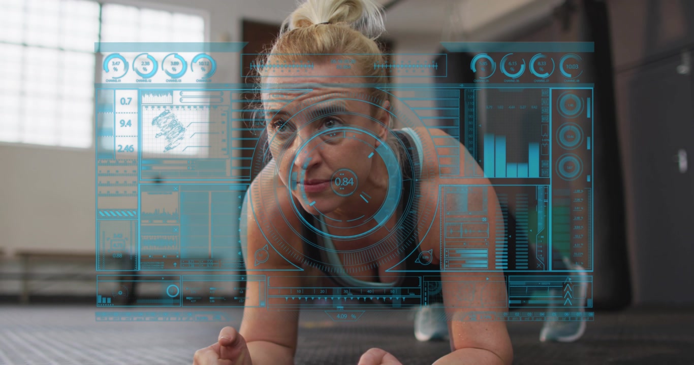 Woman holding forearm plank on gym floor, HUD timer starting with bar charts tracking fitness