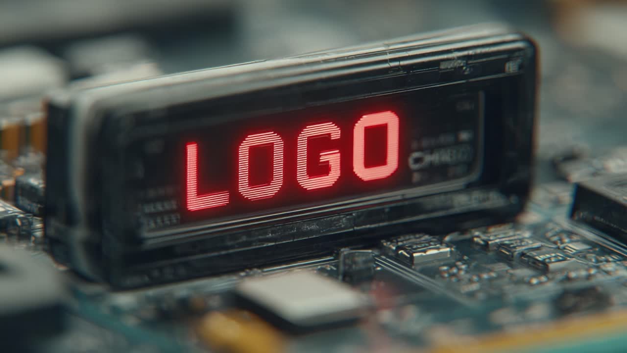 Detailed Close-Up of a Digital Display Reading 'LOGO' on a Circuit Board, Showcasing Technology and Electronic Components in Sharp Focus and Vibrant Color