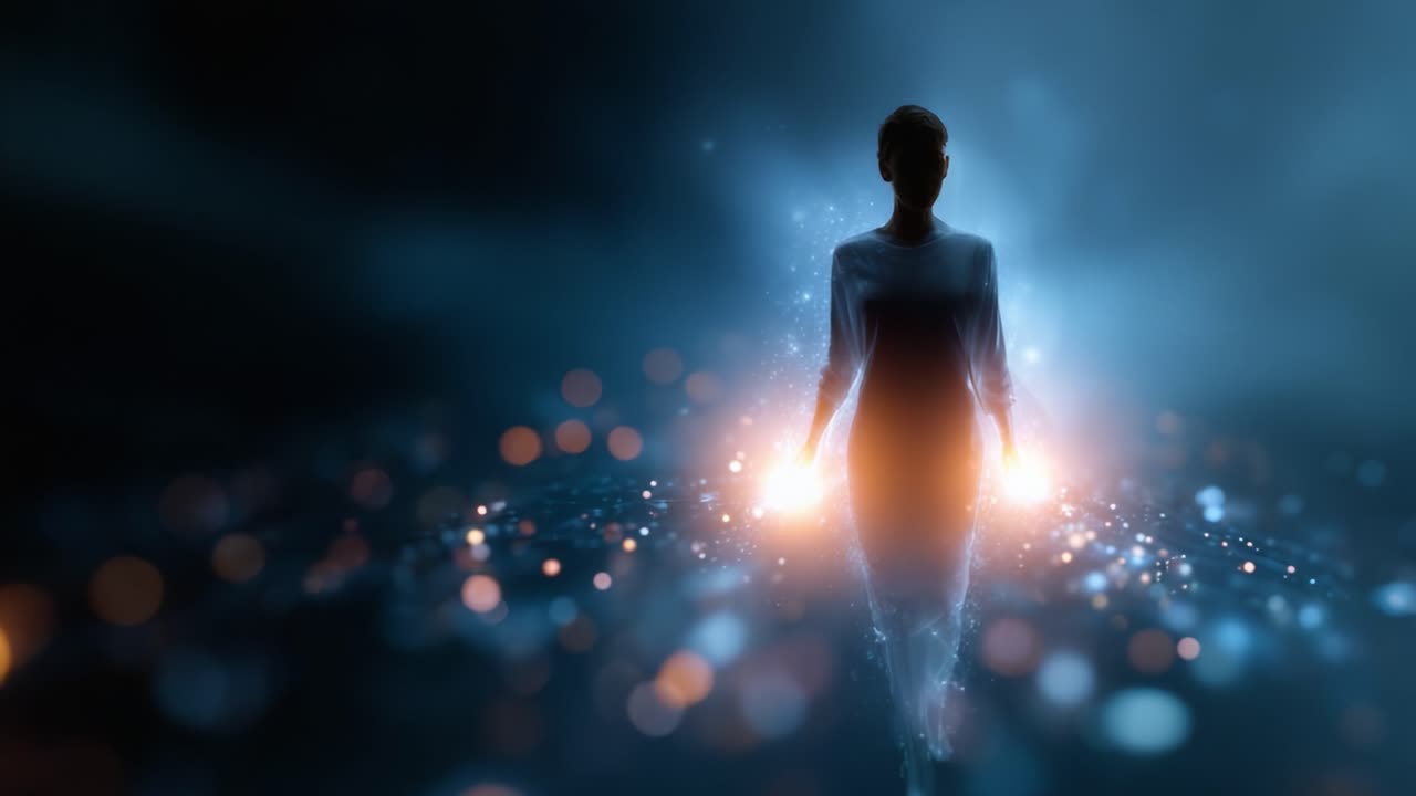 A mysterious silhouette emerges from an ethereal glow, surrounded by shimmering lights and particles, representing the journey into the unknown