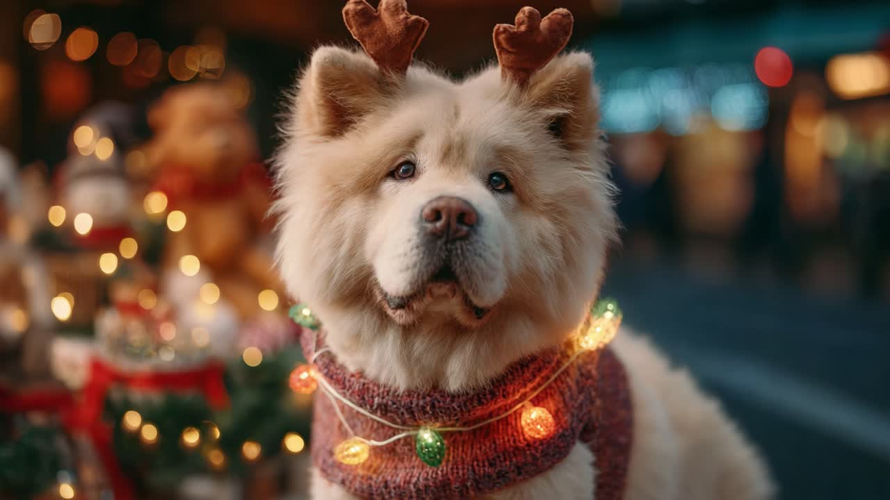 Adorable Chow Chow Dog Dressed for the Holidays with Reindeer Antlers and Colorful Lights in a Festive Setting, Spreading Holiday Cheer and Joy