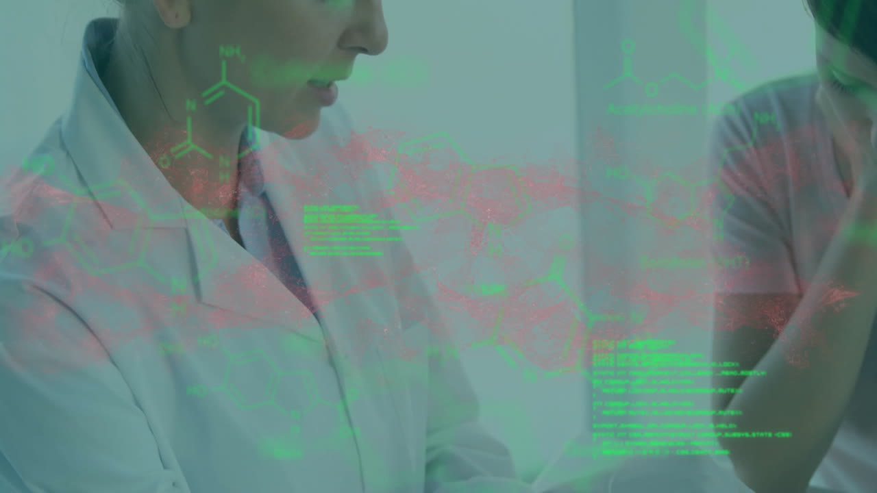 Analyzing digital medical data overlay, healthcare professional in clinical setting