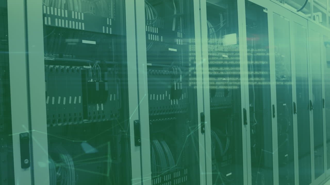 Animation of data processing over shapes and server room