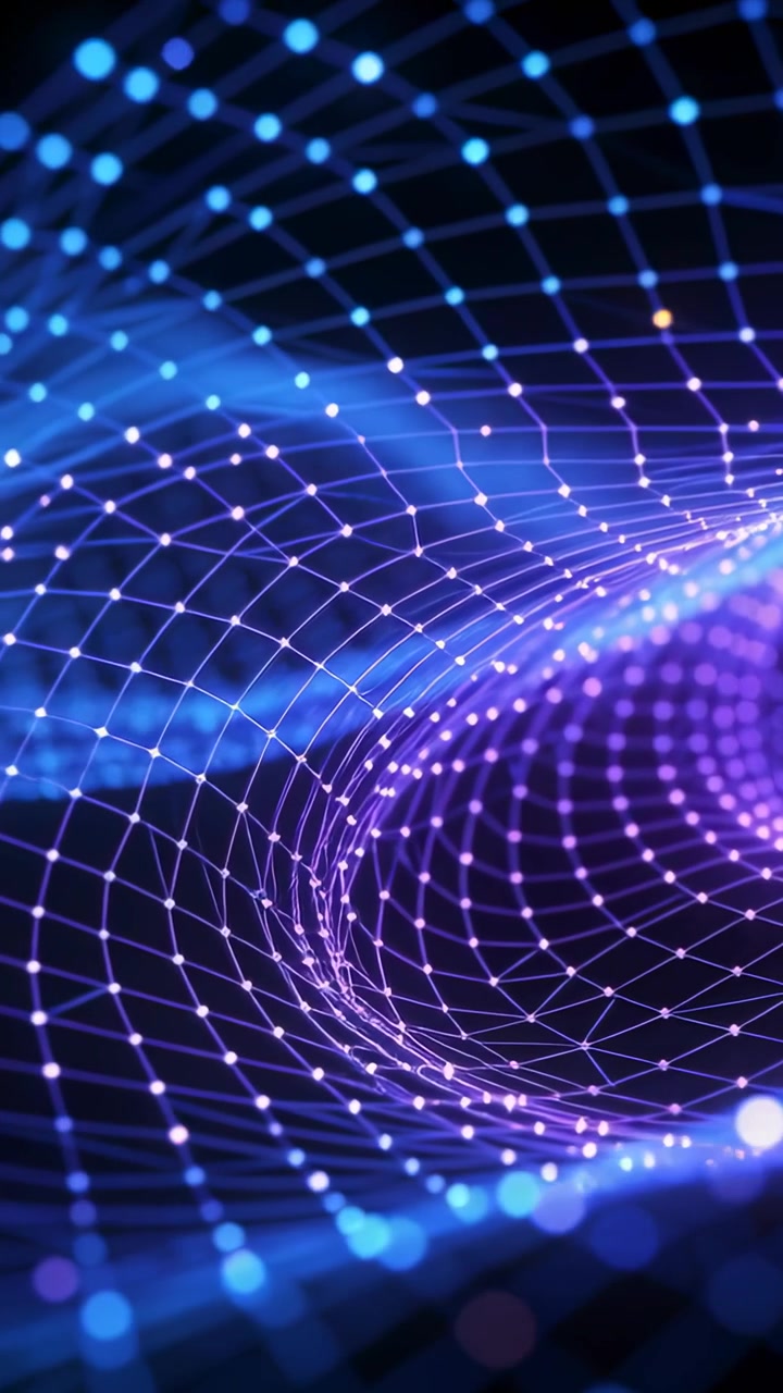 Vertical video: Undulating wireframe mesh forming funnel in dark void, pulsing nodes driving motion