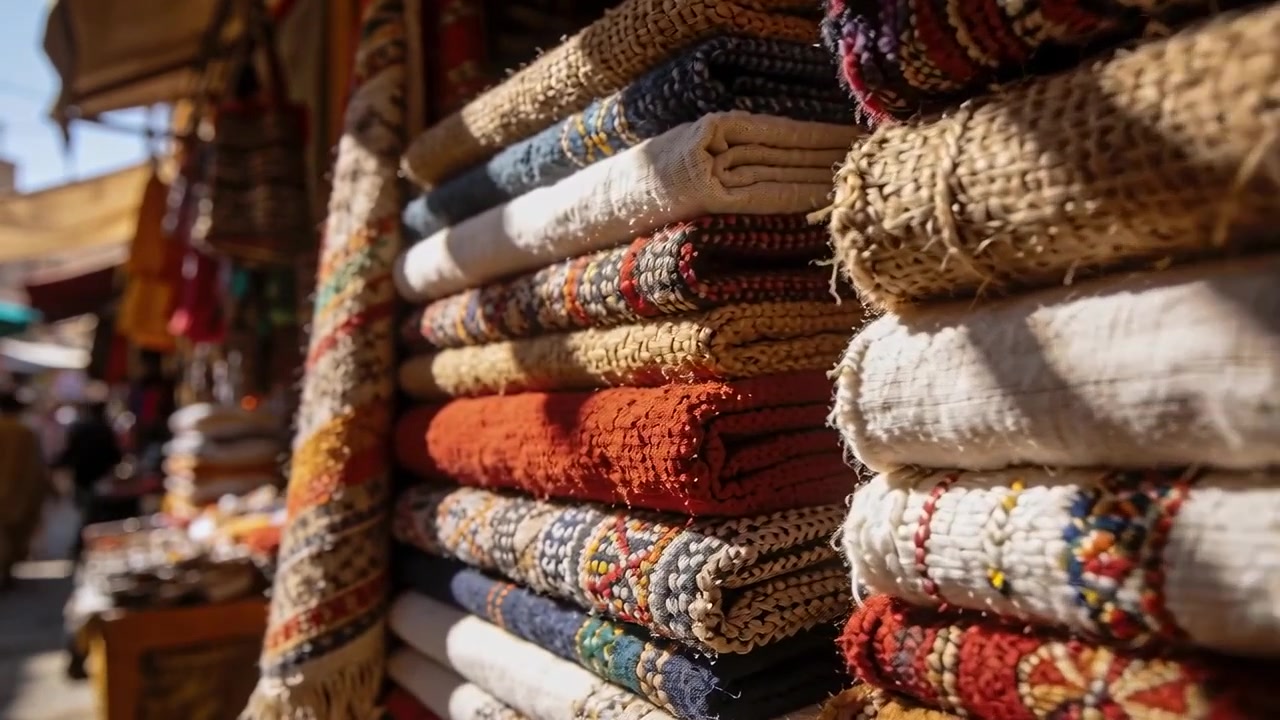 Moving camera bringing stacked woven textiles into sharp focus at sunlit bazaar, with hanging rug