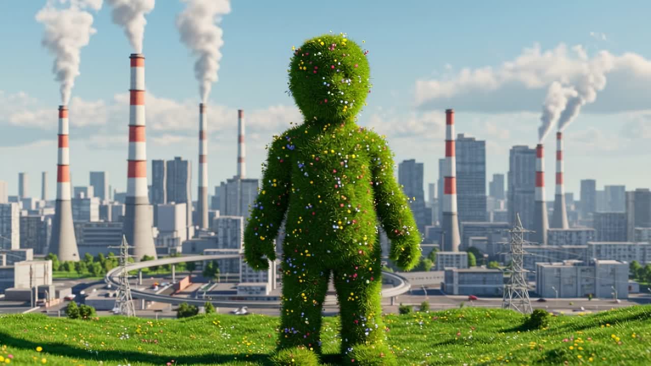 Green figure stands amidst industrial skyline in futuristic city showcasing environmental themes and pollution awareness