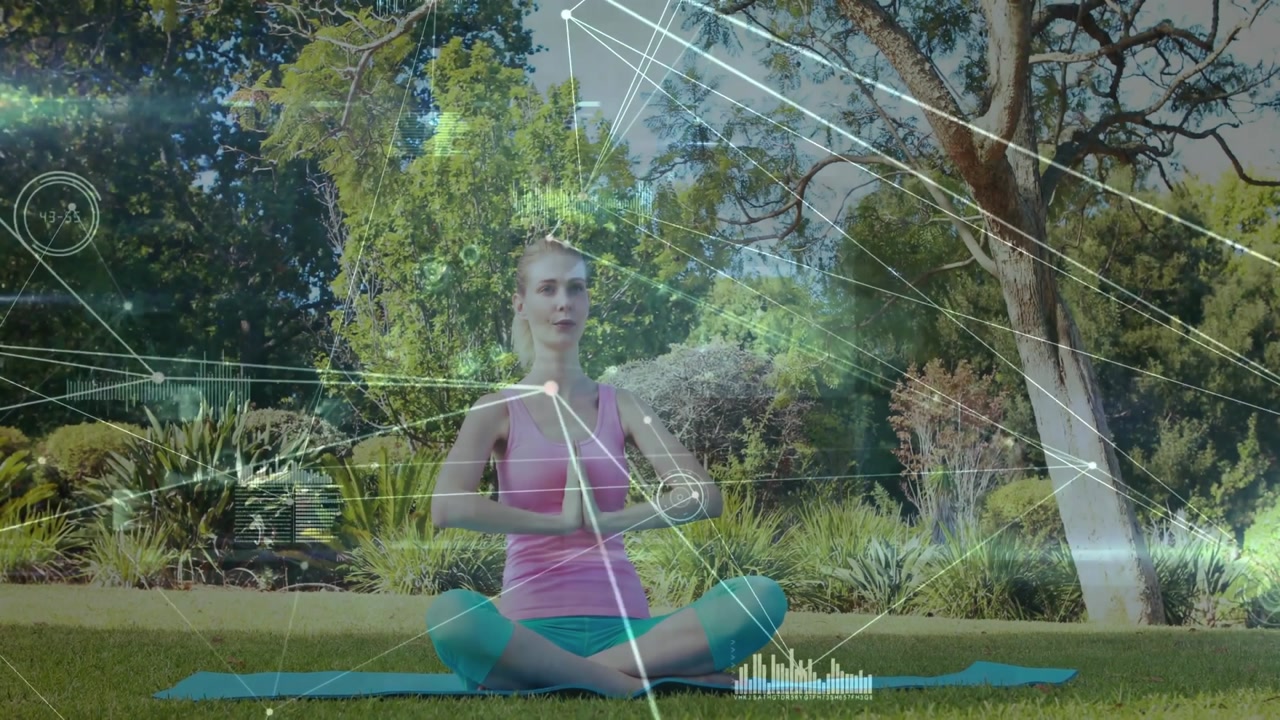 Wellness enthusiast unfolding blue mat on lawn activating network lines and data icons around form