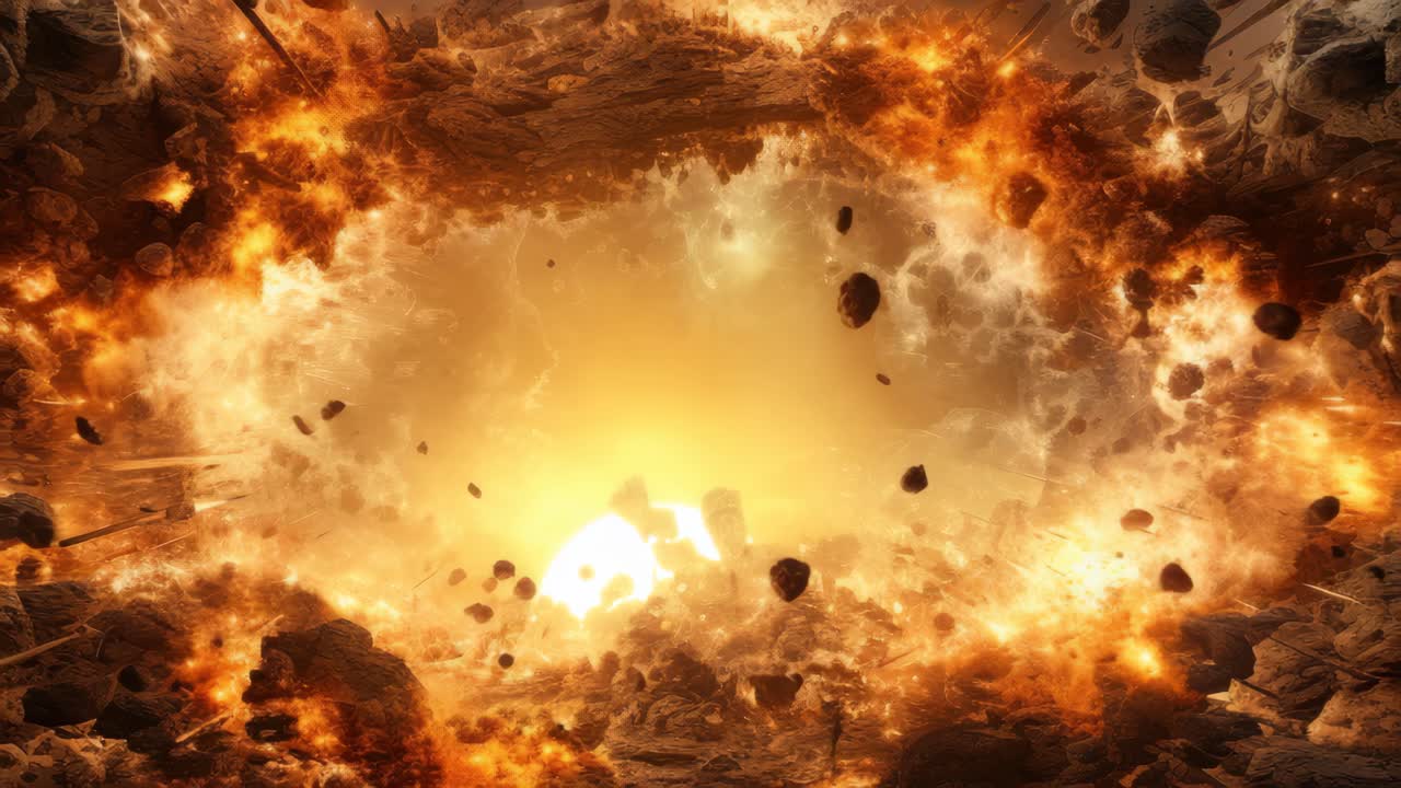 Dynamic explosion scene with fiery debris, captured from a central angle