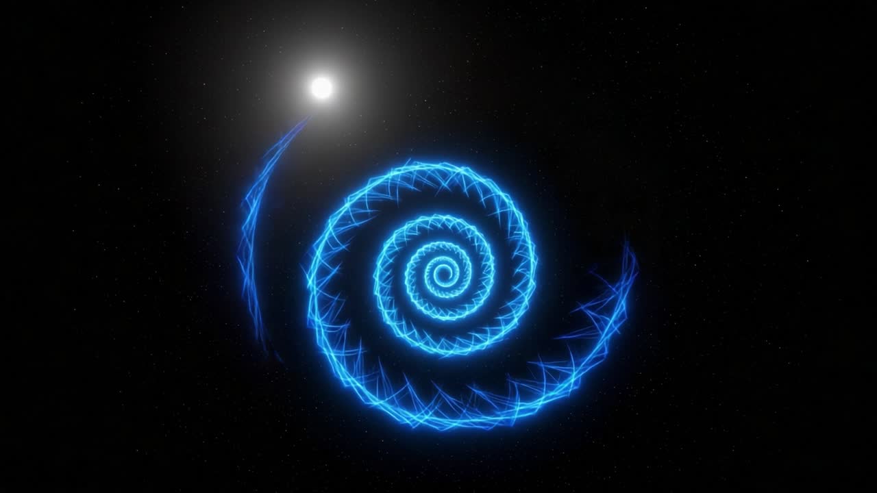 A Captivating Spiral of Blue Light Energy Forms Against the Cosmic Backdrop, Showcasing Intricate Geometry and Radiant Patterns in Motion Around a Bright Celestial Body