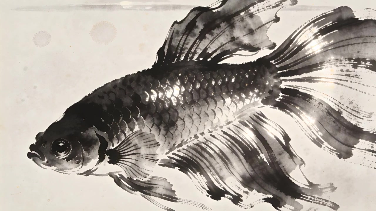 Scanner che cattura un pesce rosso monocromatico a inchiostro acquerellato su un foglio chiaro, registrando le variazioni tonali per l'archivio