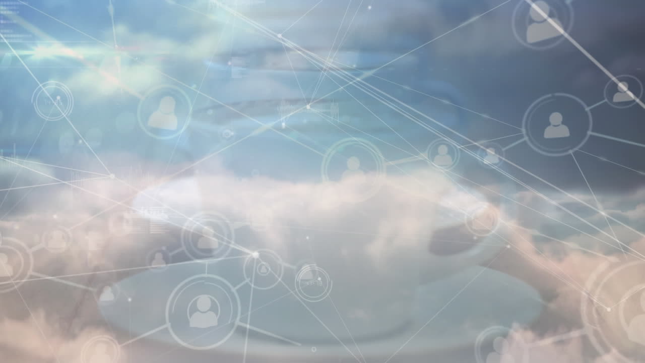 animación de iconos de personas sobre una taza de café y red de conexiones