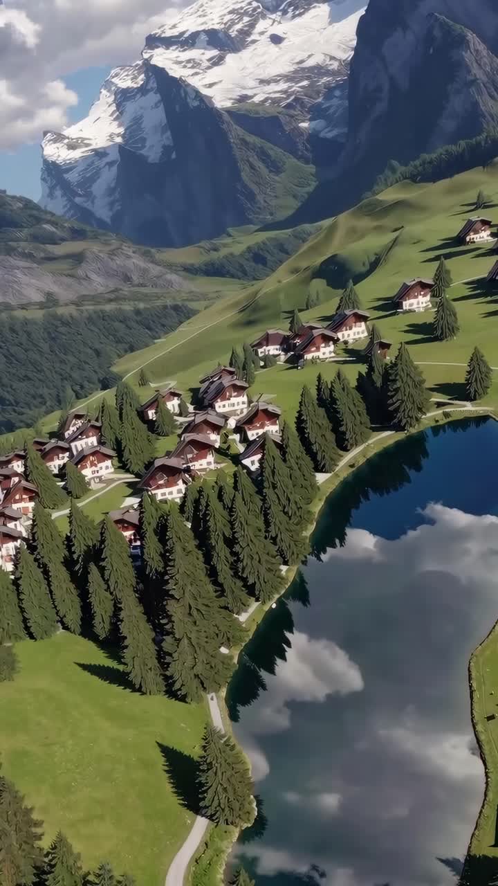 Aerial video of a serene alpine village with snow-capped mountains, lush greenery, and a reflective