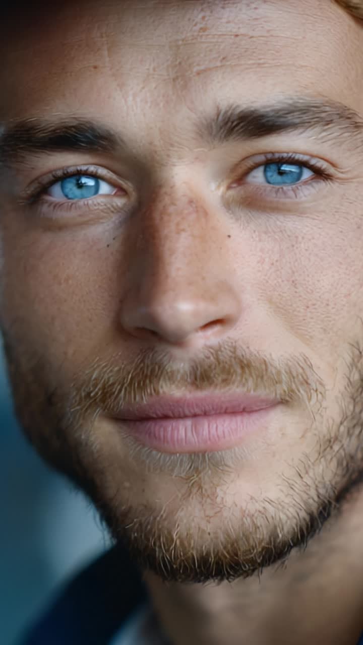 Engaging Close-Up of a Young Man with Striking Blue Eyes Exuding Warmth and Charm, Captured in Two Frames Showcasing His Expressive Features and Radiant Smile